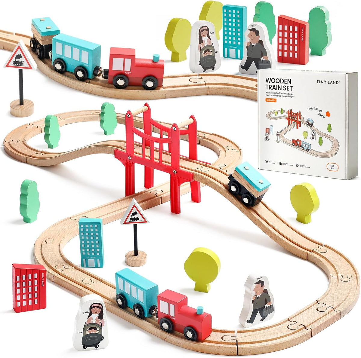 Tiny Land 39 Pcs Wooden Train Set for Toddler Ages3+ with Wooden - 39PCS Train Set