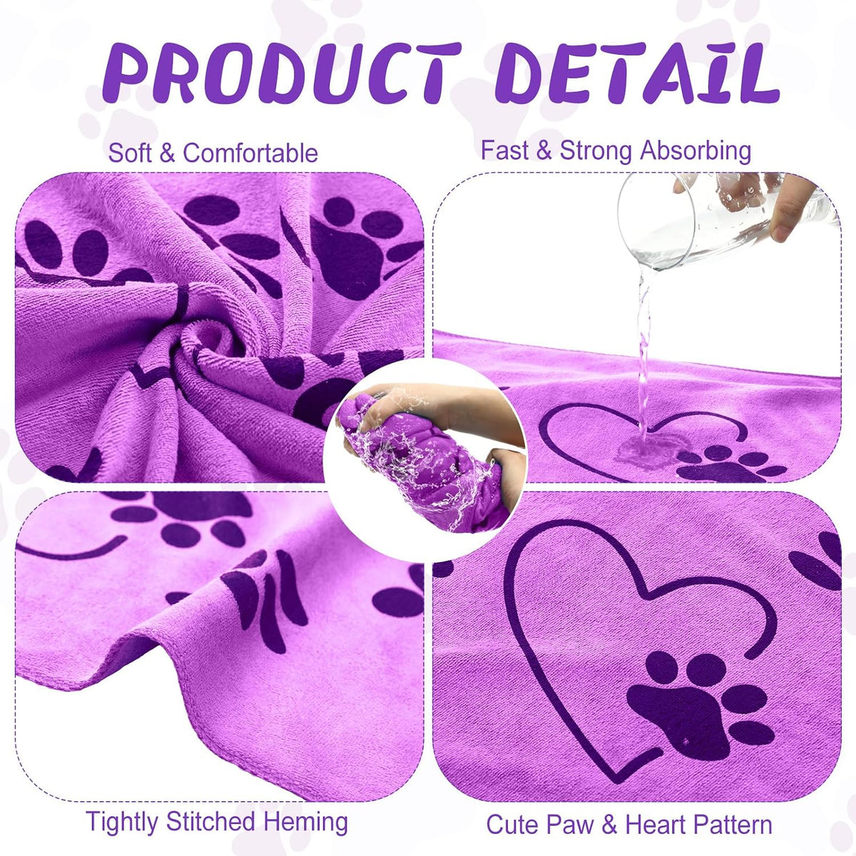 Fanfanwin 4 Pcs Dog Bath Towels Microfiber Drying Dog Towel Absorbent - Purple,Pink - image 3