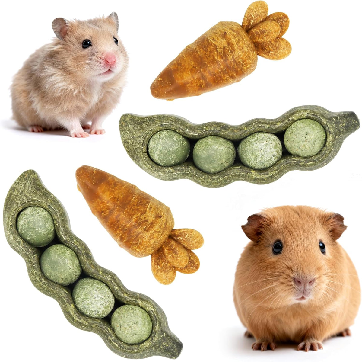 TEEWY Guinea Pig Toys, Prevent Teeth Overgrowth - 4PCS-Peapod and Carrot