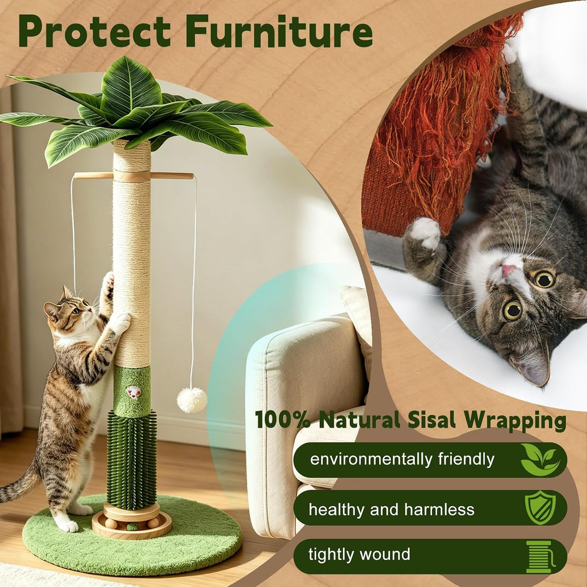 40'' Tall Sisal Cat Scratching Post - green-40inch - image 4