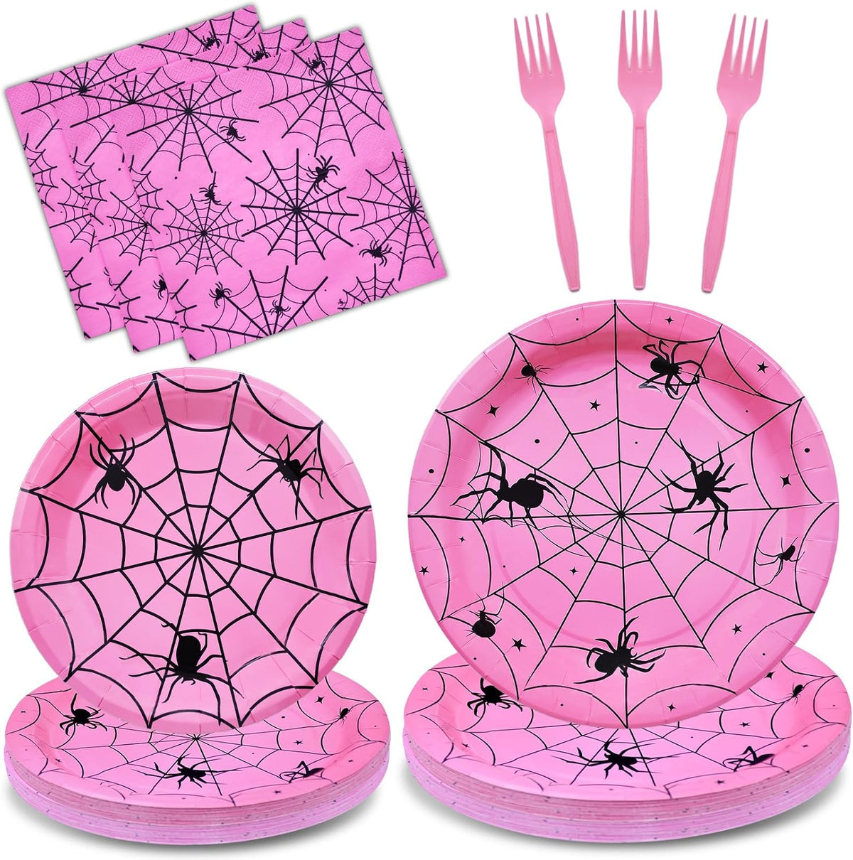 Gistome 96-piece Halloween spider web tableware set with plates, napkins and forks - view 3