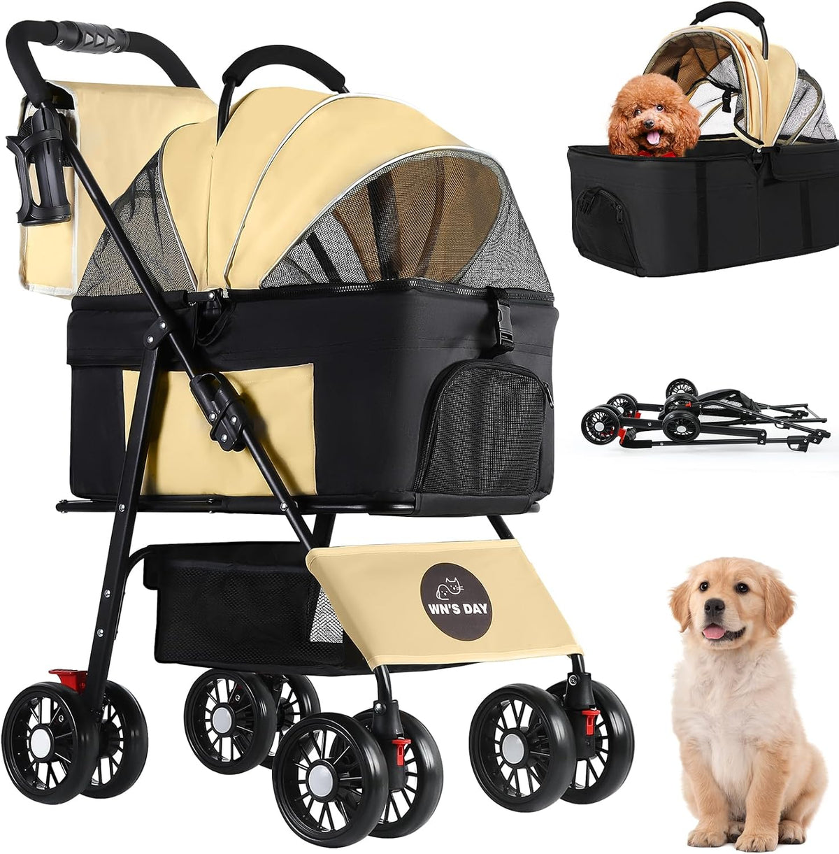 3 in 1 Pet Dog Stroller for Small Medium Dogs 10-50 lbs - Brown