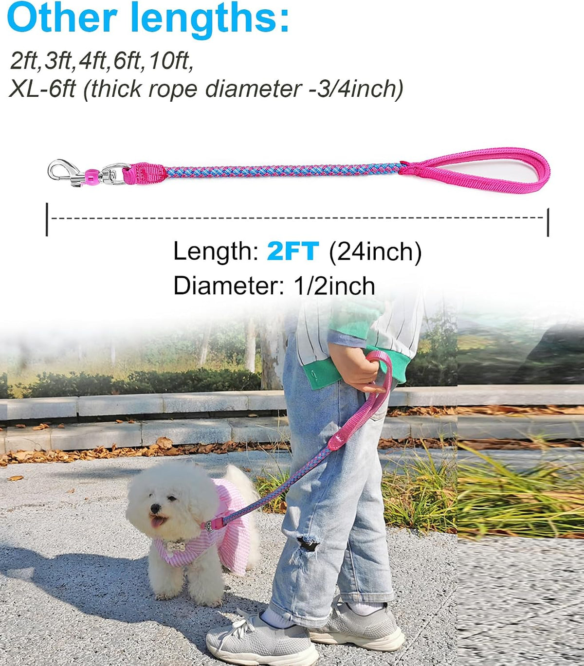 Reflective Dog Leash 2/3/4/6/10ft Braided 1/2" Strong Nylon Rope – Essentials for Dogs - 2ft * 1/2" / Pink - image 3