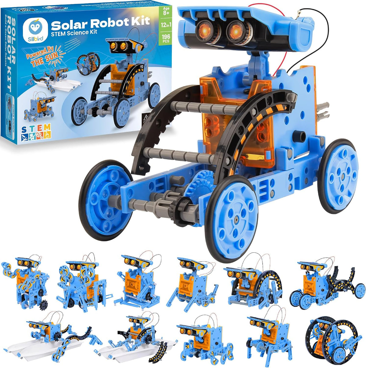 Sillbird 12-in-1 Solar Robot Building Kit STEM Gift for Boys Ages 8-13 – Fun for Kids & Family - Orange Blue