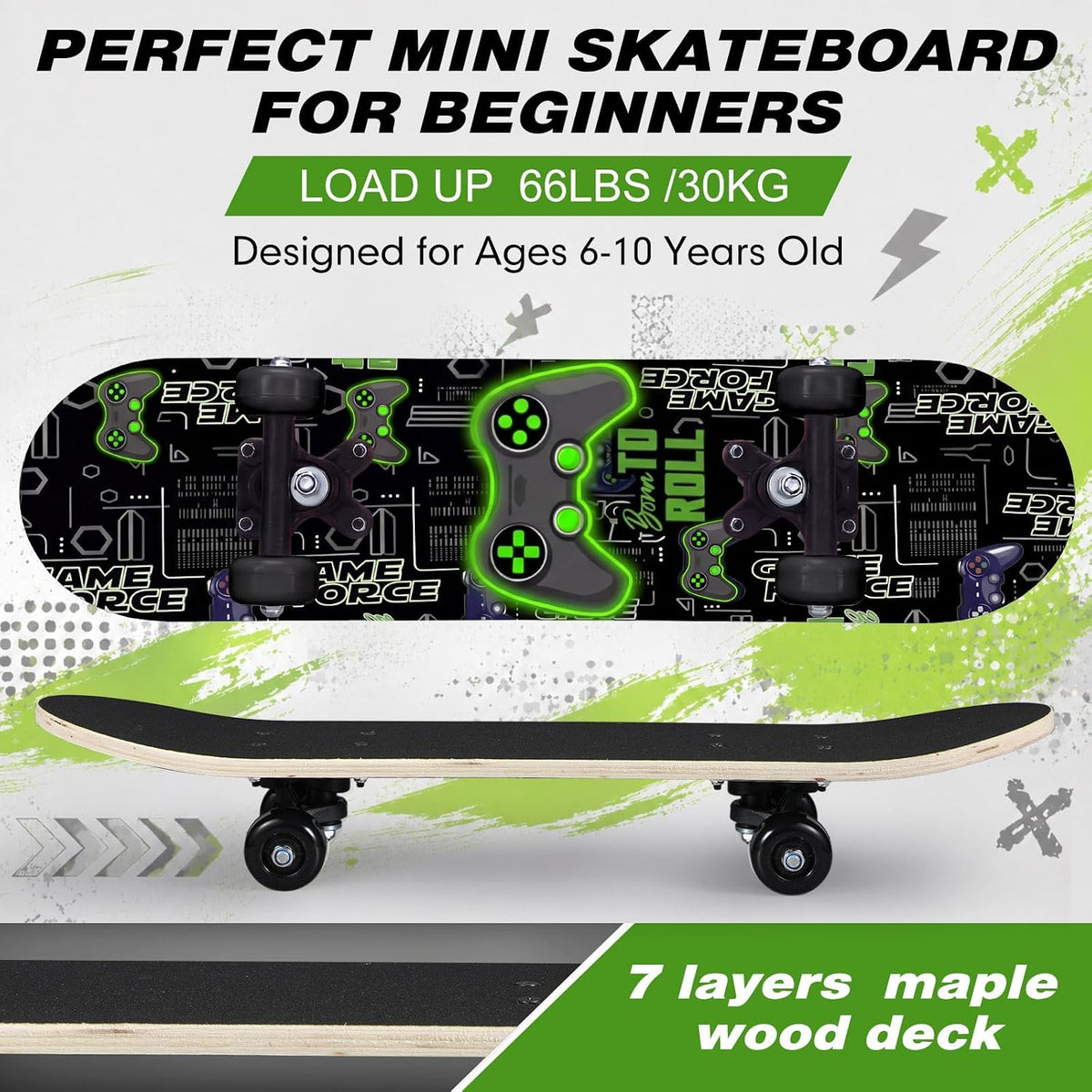 Honoson kids skateboard set with dinosaur print maple deck and black knee pads, elbow pads and wrist - view 17