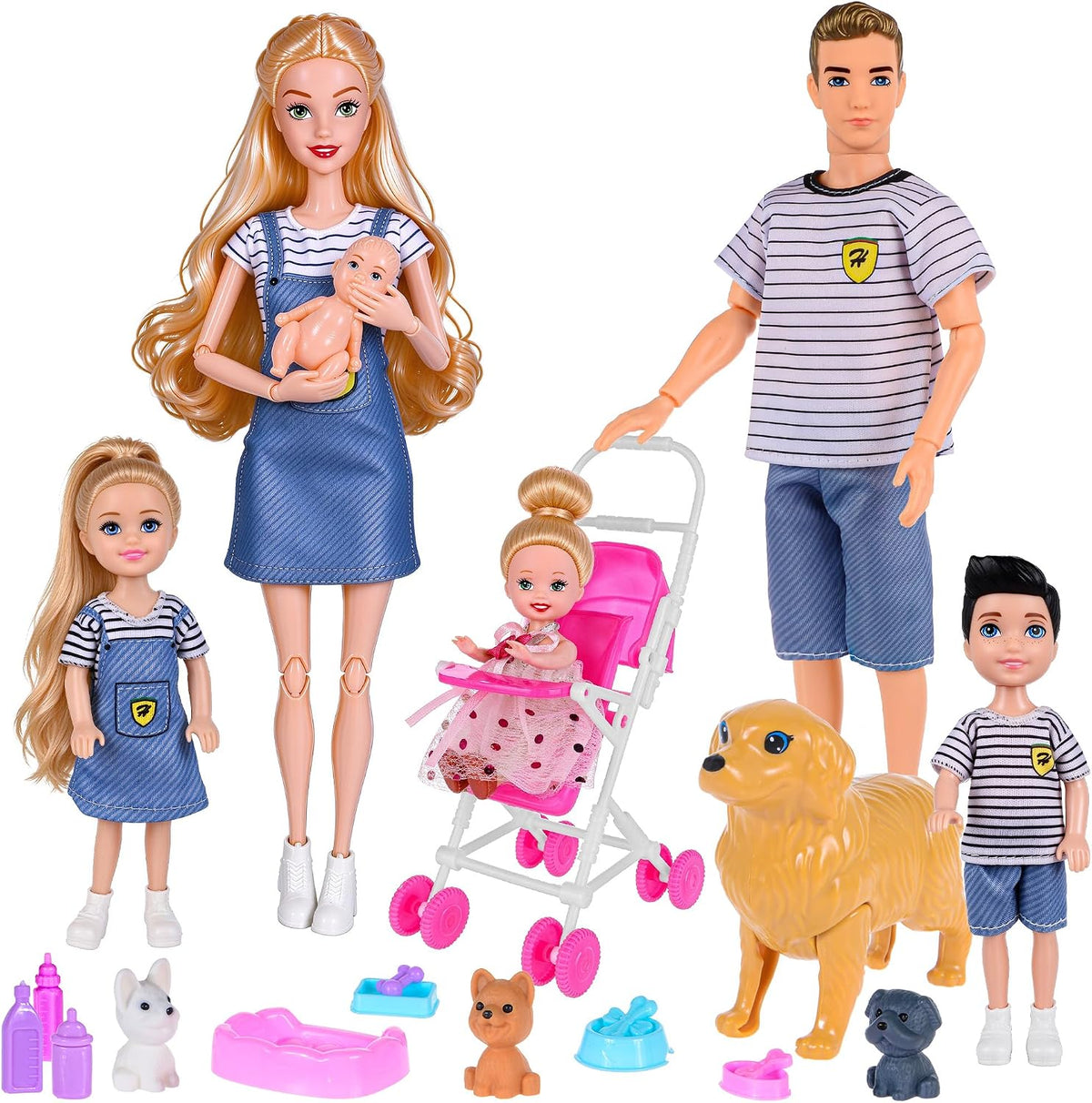 dollbie Dolls Family Playset with Baby Stroller Set, 6 People - Blue Set