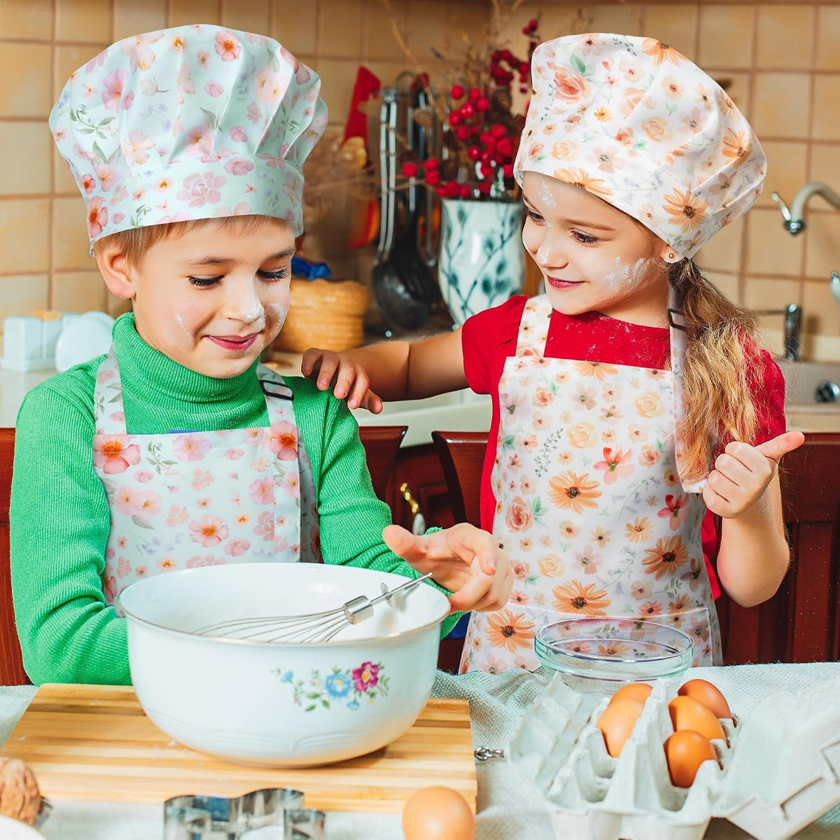 4Pcs Kids Apron and Chef Hat Set Gift for Girls Boys - Floral - image 4