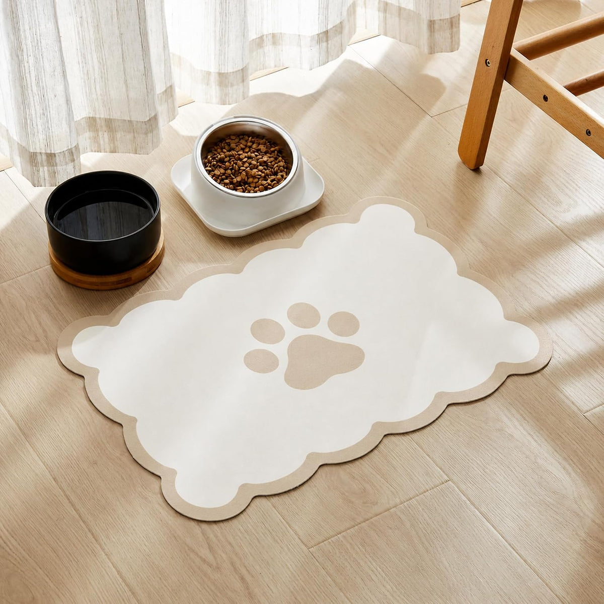 Scalloped Dog Feeding Mat, Beige White, 14" X 19” – Essentials for Dogs - Beige / 19"L x 14"W