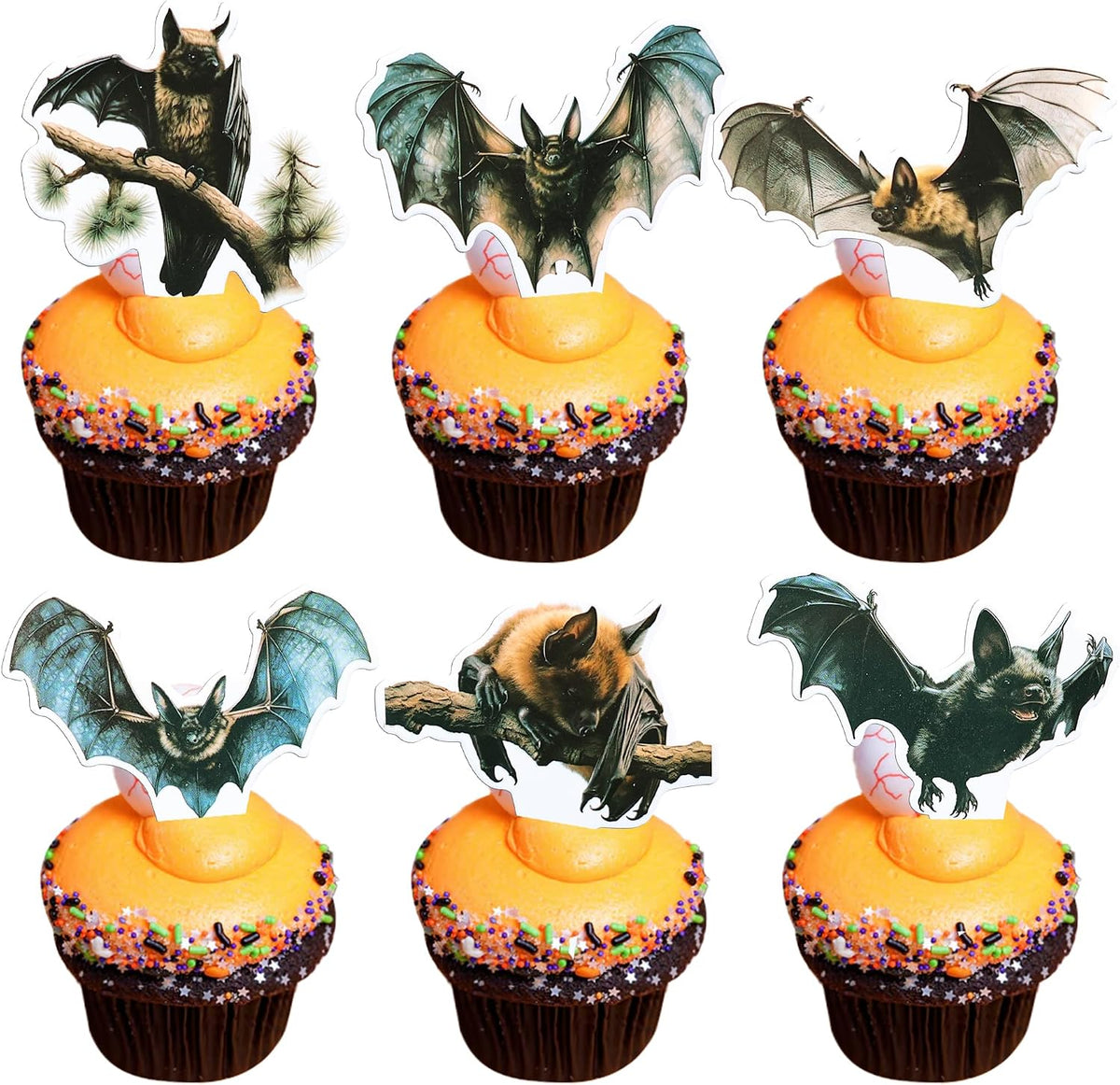 Gyufise 24Pcs Halloween Bat Cupcake Toppers Black Glitter Bat - Brown Blue
