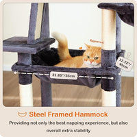 Ouritsu Cat Tree, 56 inch Tall Cat Tower for Large Cat Indoor, Large Condo, 2 Padded Perches, Steel-Framed Hammock, Scratching Post and ramp, Fluffy Basket, Dark Gray, LF001DG