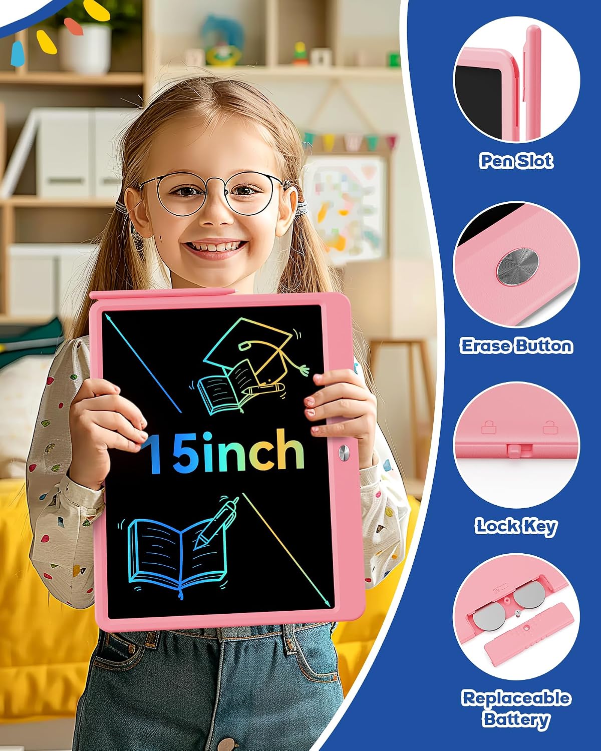 10 Inch LCD Writing Tablet for 3-8 Year Olds - Pink / 15 inch - image 4