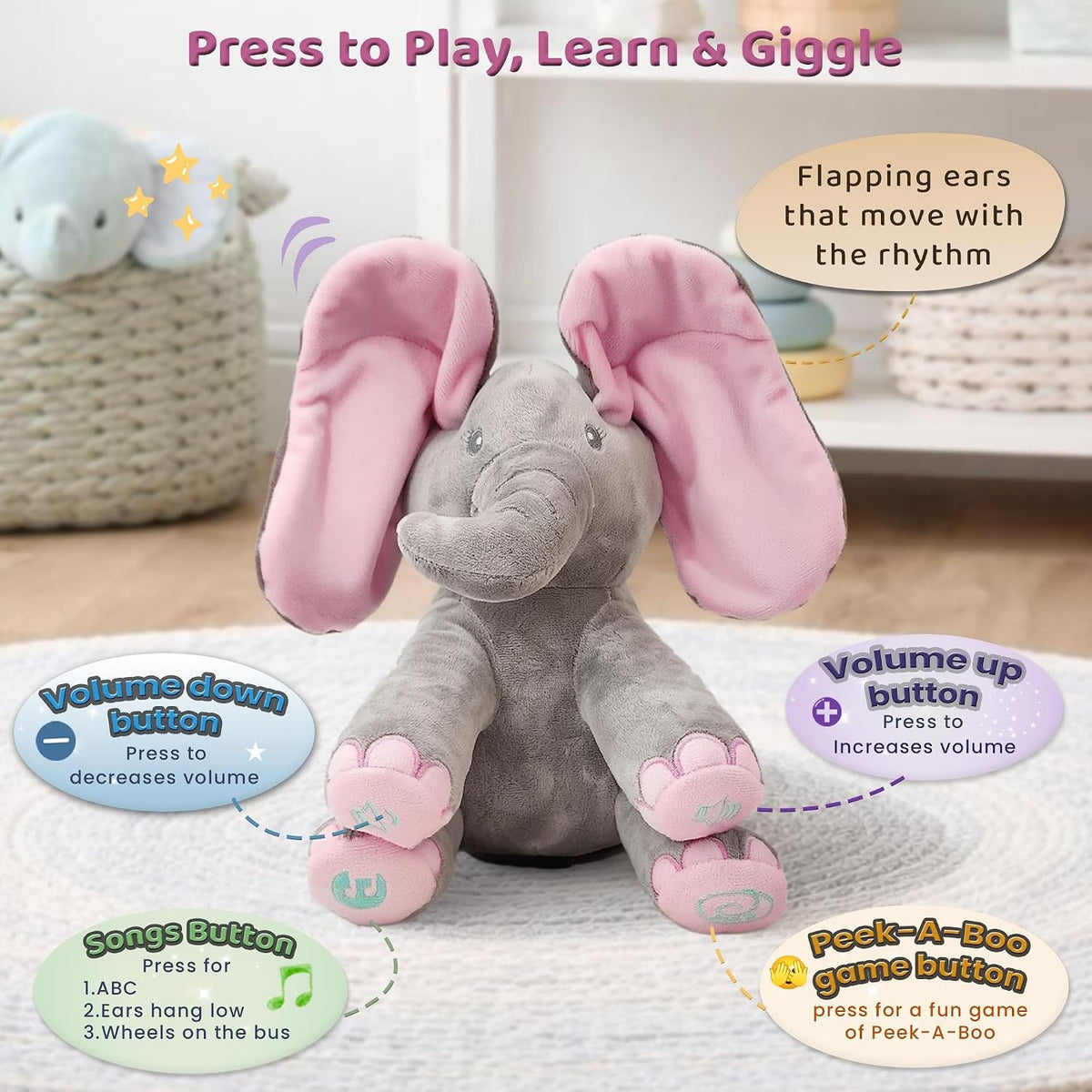 Dimple Kaia Peek-A-Boo Elephant, Interactive Singing Plush Toy - Pink Elephant With Batteries - image 3