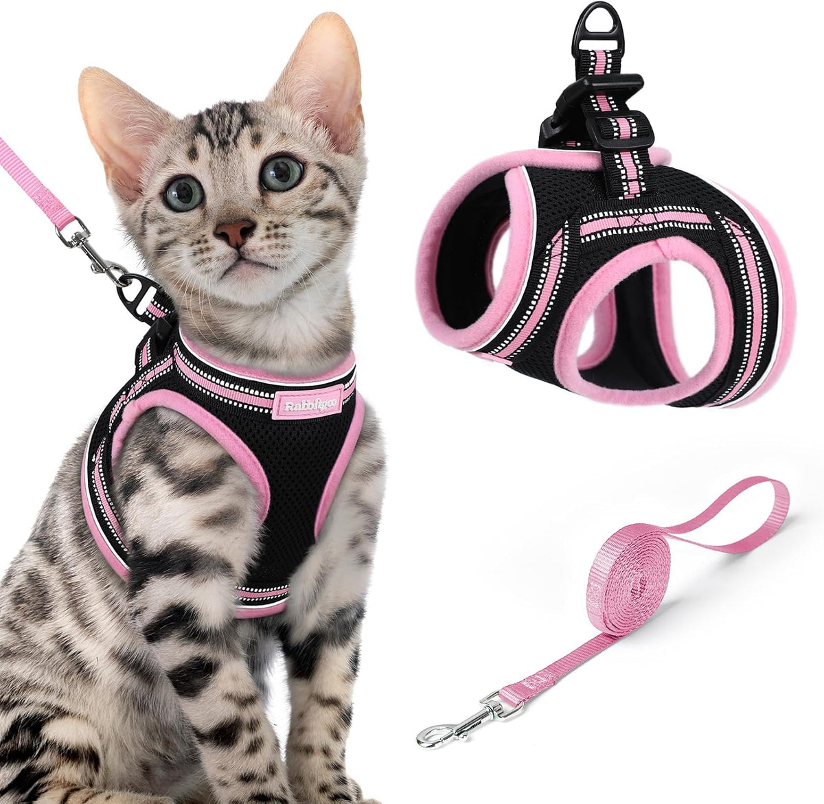 rabbitgoo Cat Harness and Leash Set, Step-in Soft Vest - XL / Black & Pink
