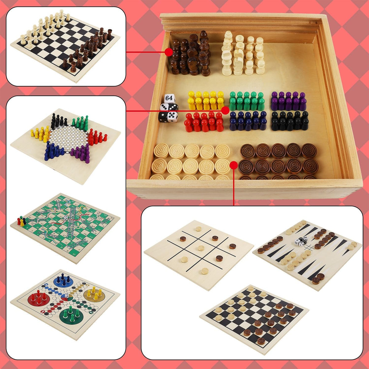 Juegoal 7-in-1 Wooden Board Game Set for Kids Adults - image 3