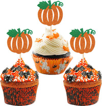 24 PCS Pumpkin Oh Baby Cupcake Toppers Glitter Fall Theme pumpkin - A Design 1 Orange