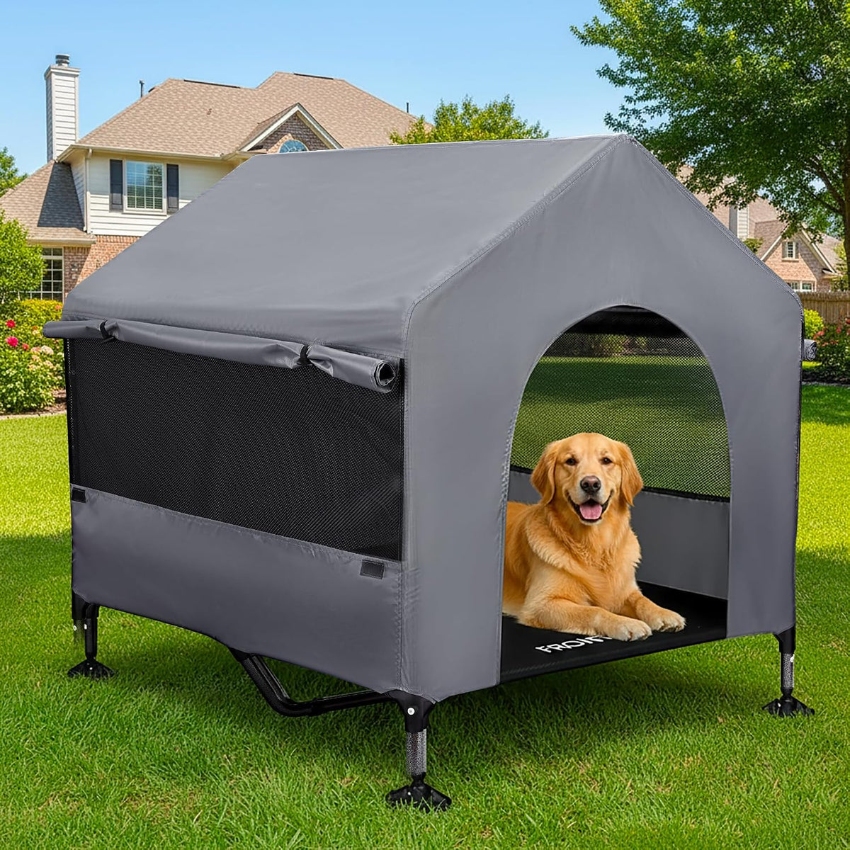 Dog House, 42” Large Dog Houses Outdoor Indoor Elevated Dog Cot Bed – Essentials for Dogs - 42 INCH Grey