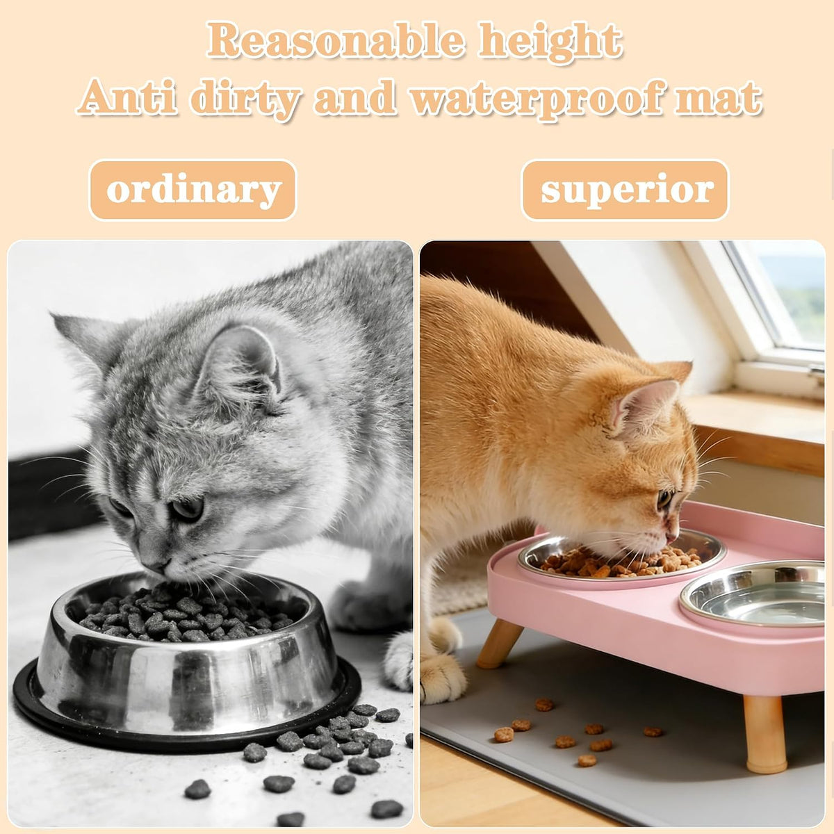 Elevated Cat Bowls with Food Mat - Pink - image 2