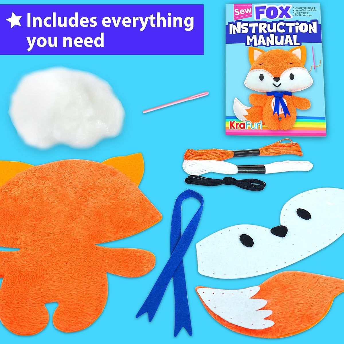 KRAFUN Beginner Sewing Kit, Sew Kitten & Mouse, Pre-Cut Felt - Fox - image 3
