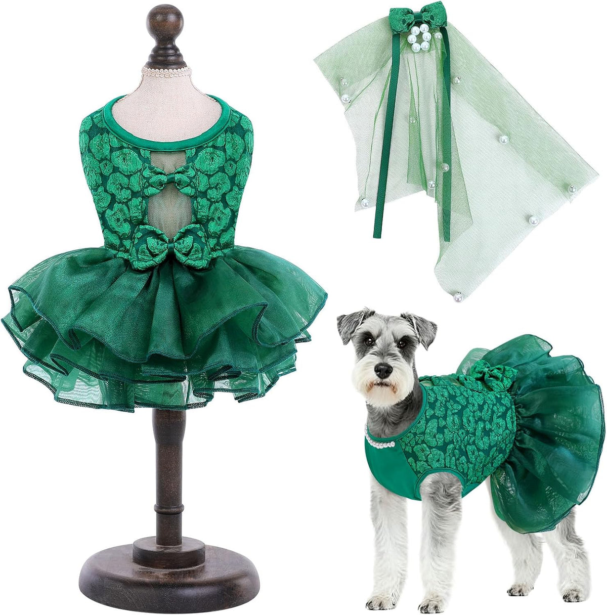 ASENKU Dog Dress, Dog Wedding Dress with Bows, Veil Attachment - Green / X-Small