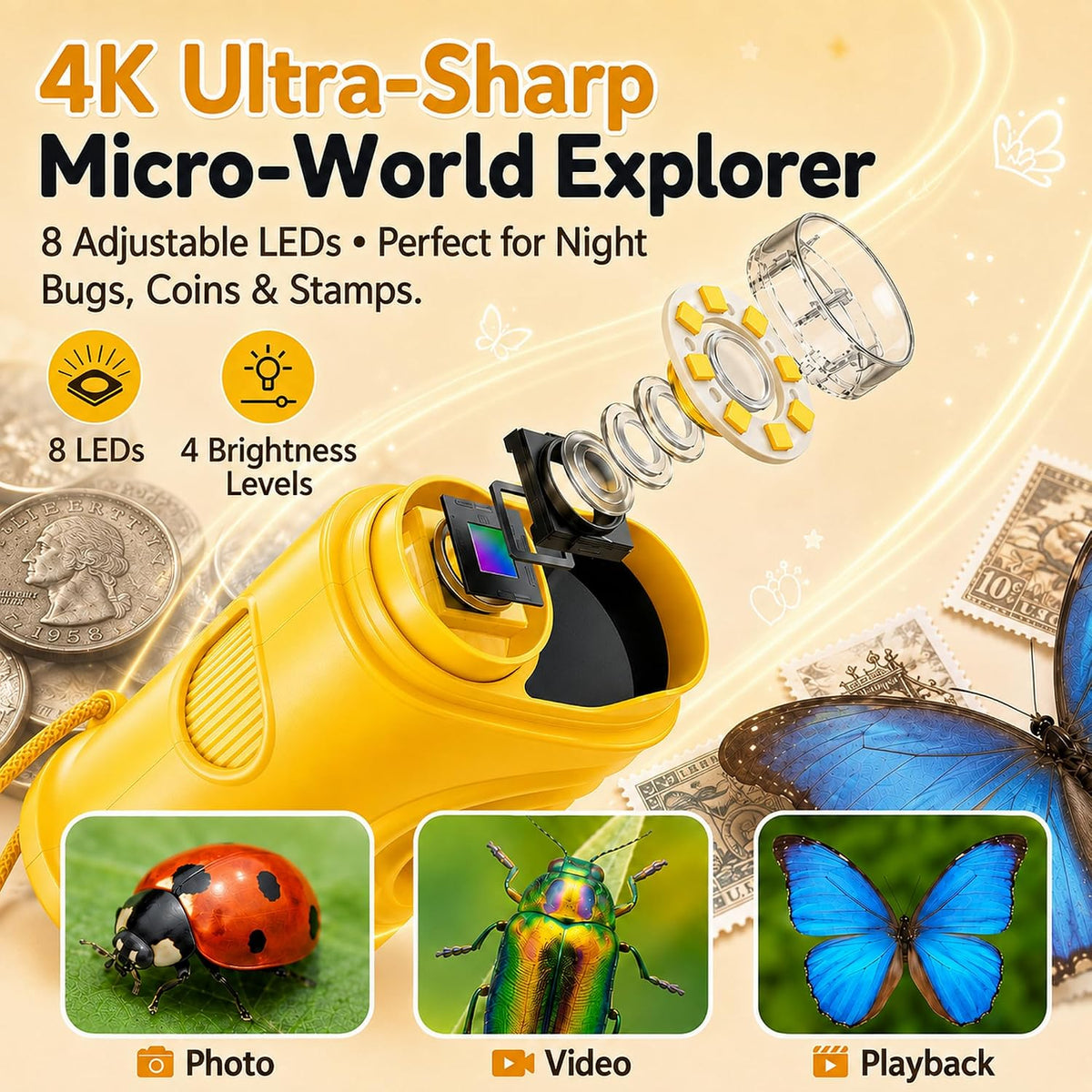 Kids Microscope, 4K 1000X Zoom, 2.4" Screen - Yellow - image 3