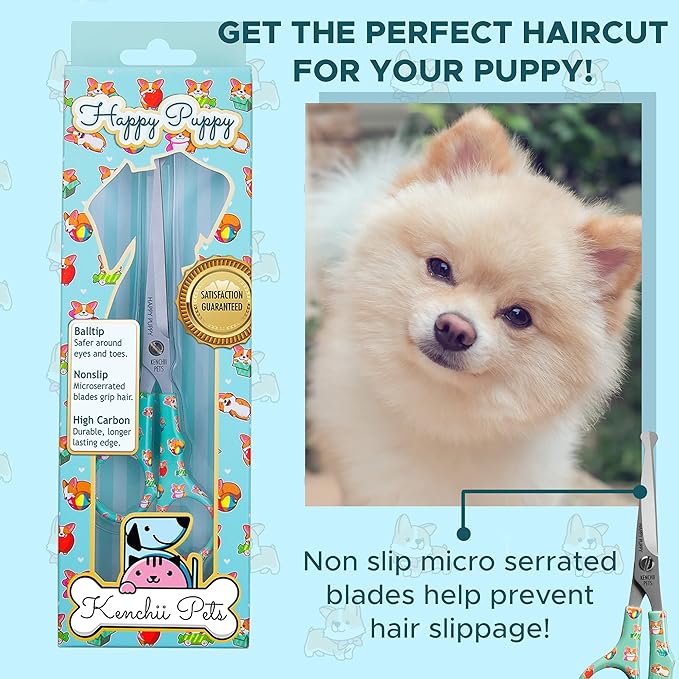 Kenchii Happy Puppy Ball Tip Shears Trimming Scissors for Dogs | Pet Grooming Puppy Essentials | Stainless Steel Shears with Blunt Tip | 6.5 In