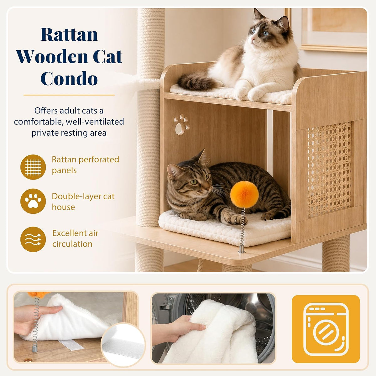 Hey-brother Wooden Cat Tree Tower with Rattan Condo - 21.7" x 15.8" x 73" / White Oak - image 3