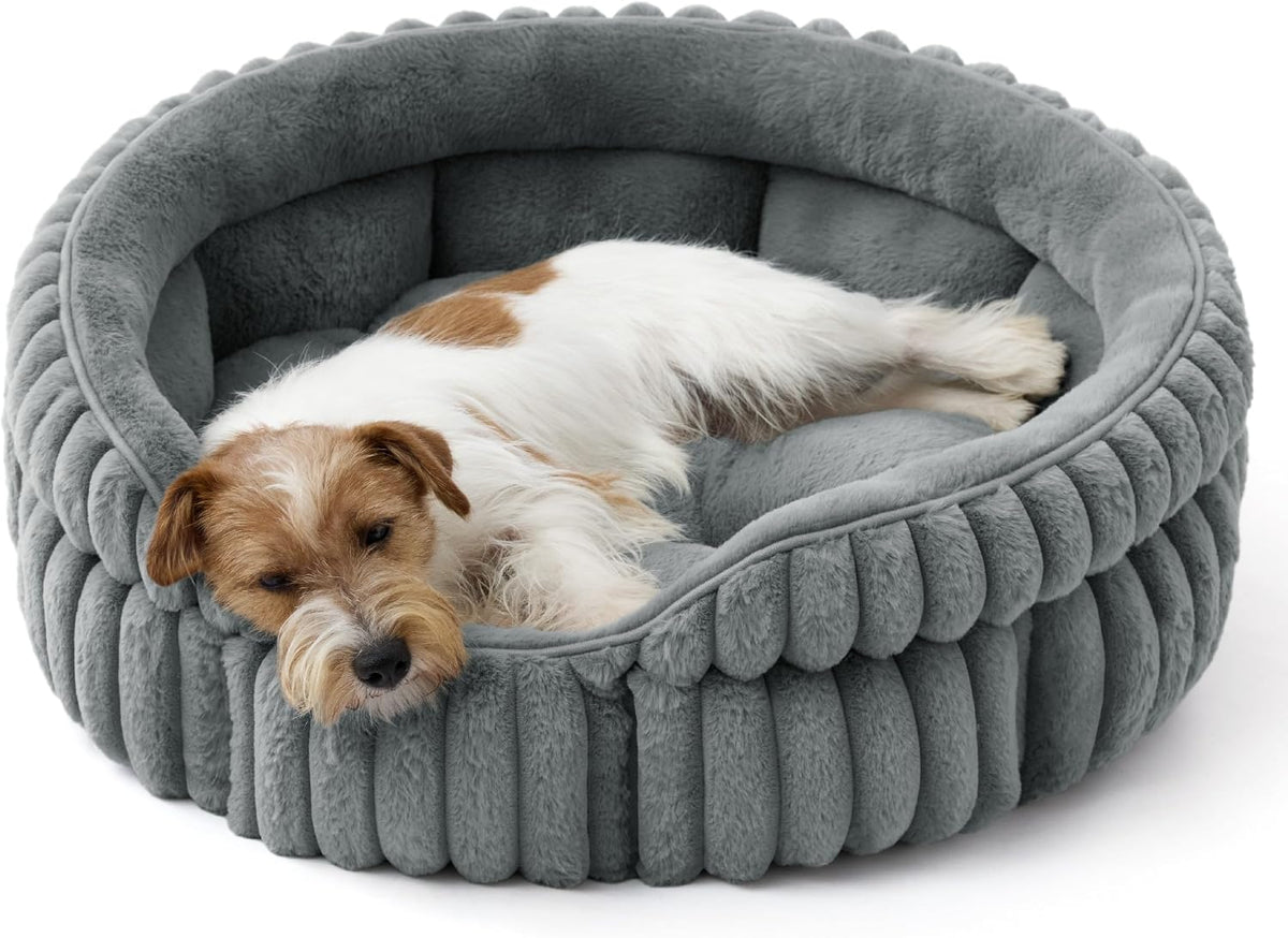 Bedsure ComfyFleece Washable Cute Cat Bed, Soft Round Kitten Bed - 26''x26''x9'' / Warm Gray