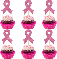 24 PCS Ribbon Breast Cancer Awareness Cupcake Toppers Glitter Pink - Design 5 Pink