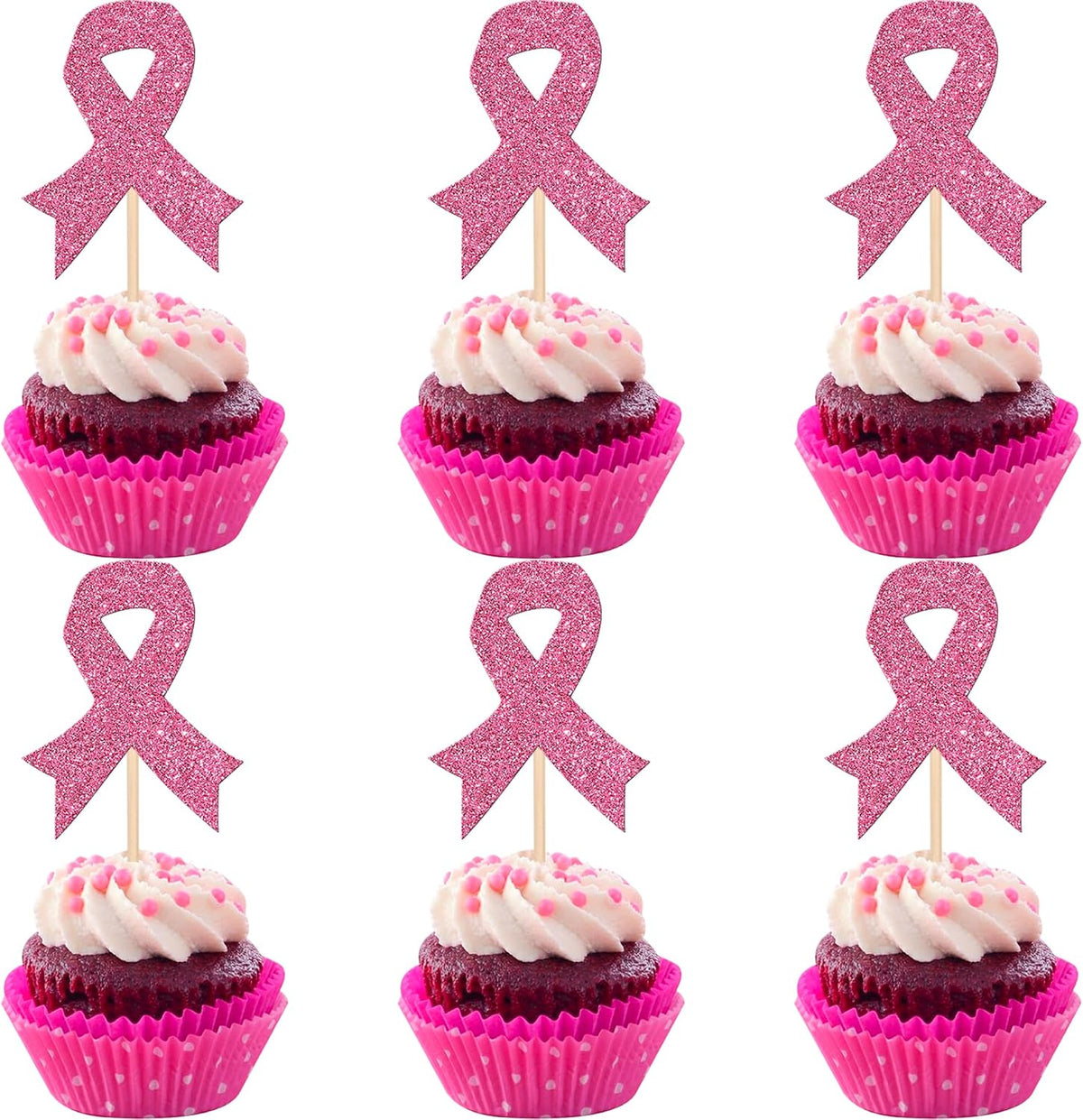 24 PCS Ribbon Breast Cancer Awareness Cupcake Toppers Glitter Pink - Design 5 Pink