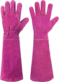 HANDLANDY Ladies Leather Gardening Gloves, Thorn Proof Women Rose Pruning Garden Yard Glove, Heavy Duty Long Sleeve Gloves (Medium, Rosy)