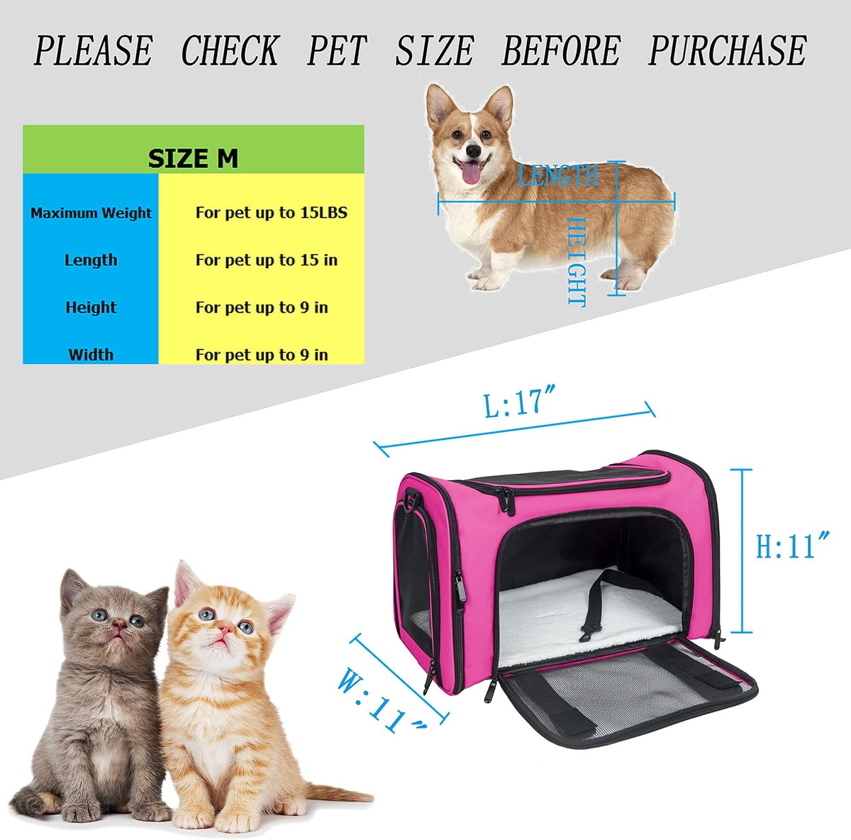 Soft Sided Carrier for Small Medium Cats Dogs - 17.0"L x 11.0"W x 11.0"H / Magenta - image 4