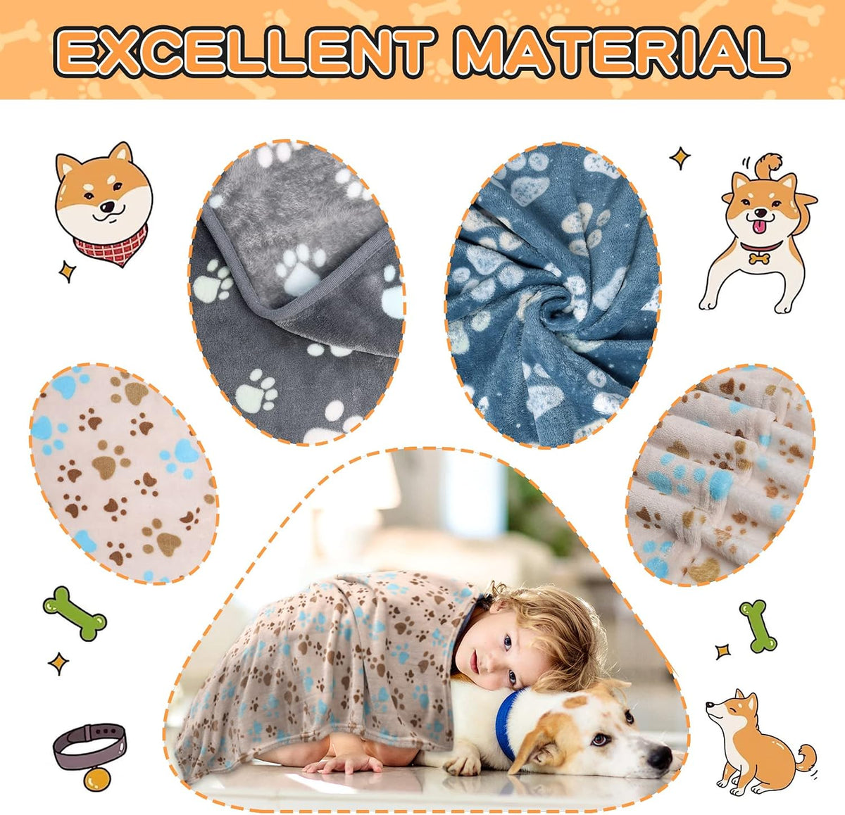 Rezutan Blanket for Large Dogs & Cats Soft Reversible Cute Paw 40"x31" – Essentials for Dogs - Gray/Blue/Beige(pack of 3) / Large,41x31inch - image 3