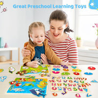 Wooden Peg Puzzles for Kids 3 4 Year Old, Shapes, Alphabet - image 4