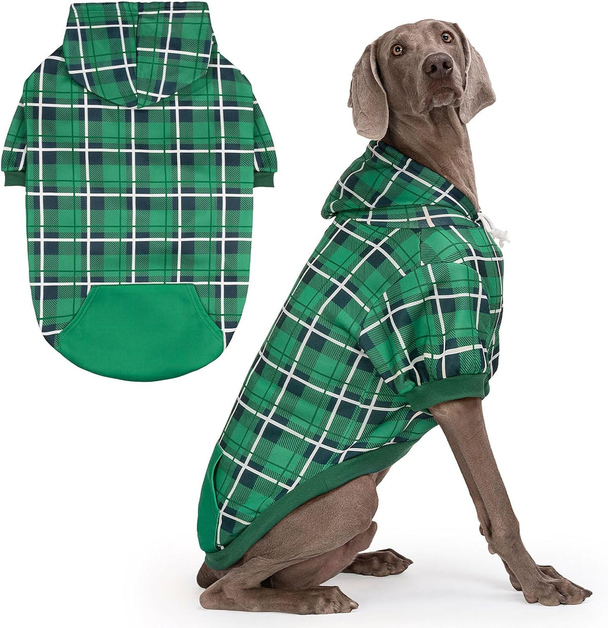 Plaid Dog Hoodie - British Style Warm Dog Sweater Shirt with Leash Hole,Pitbull Clothes - Green / Large
