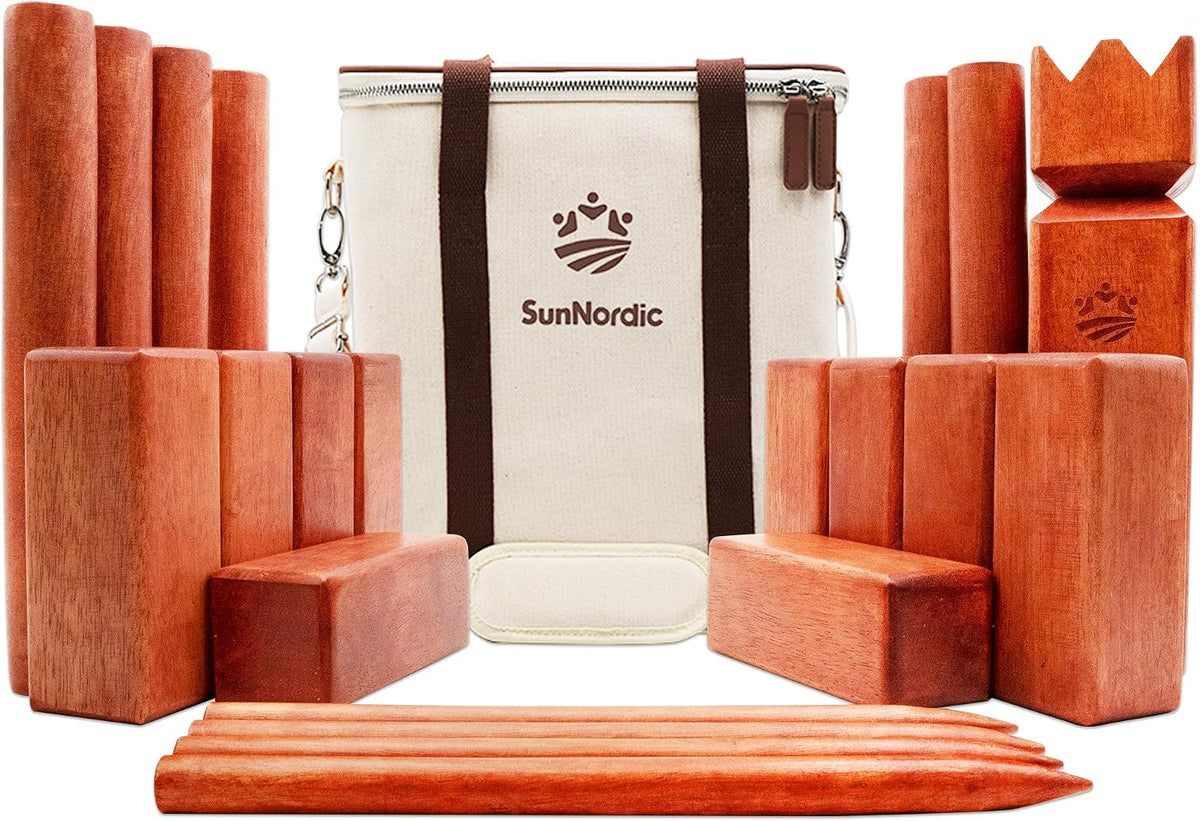 SunNordic rubber wood Kubb yard game set with king, blocks, batons and canvas carry bag