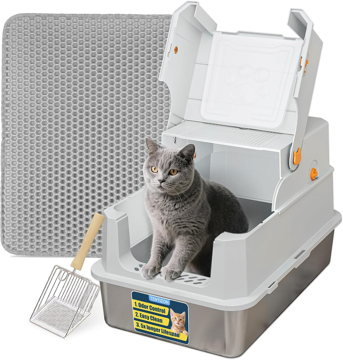 TENTIZON Stainless Steel Cat Litter Box with Lid - Light Grey