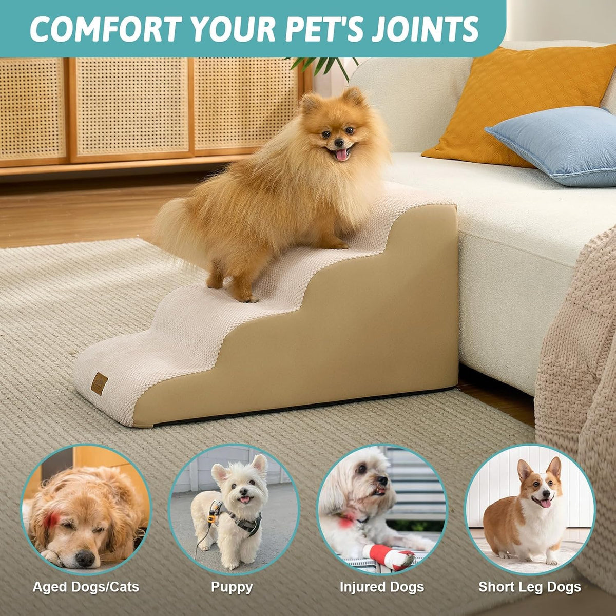 COZY KISS Dog Stairs for Small Dogs - Beige / 4 / 15.7x28.3x15.7 inch - image 3