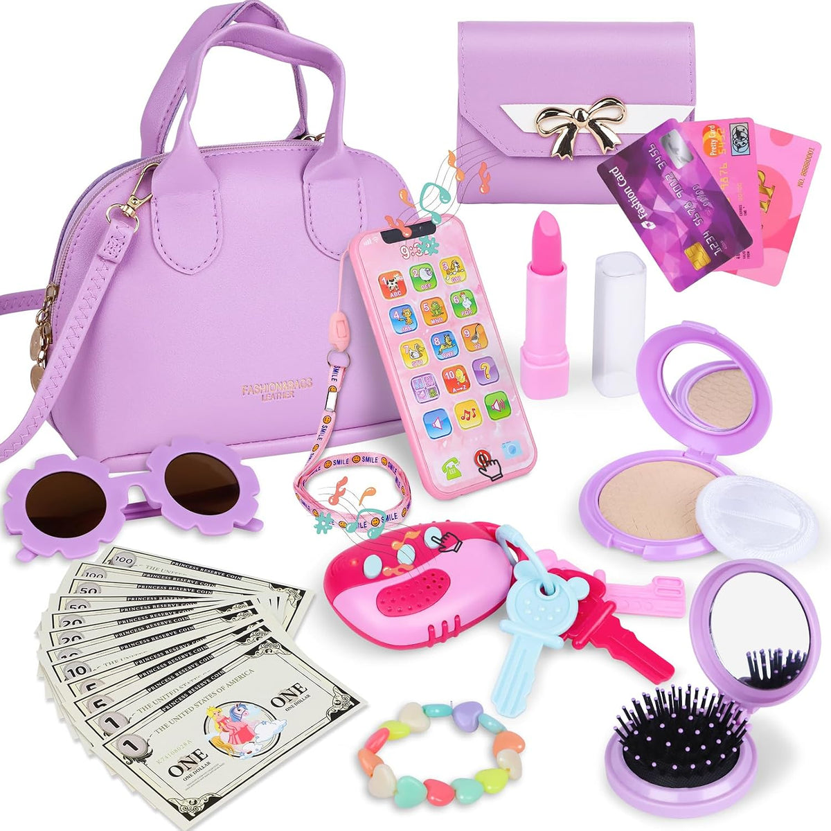 Kids Purple Play Purse Set for Little Girls 3-5 with Wallet - Purple