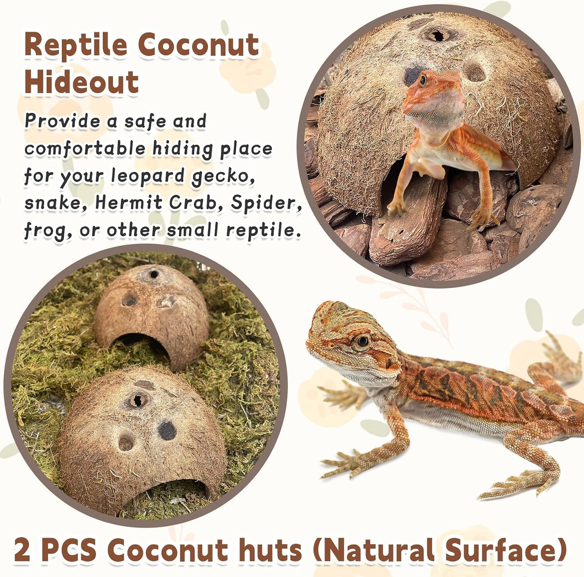 PINVNBY 2 PCS Natural Coconut Reptile Hideouts Lizard Coco Hut Hermit - Natural Surface / 2 PCS - image 3