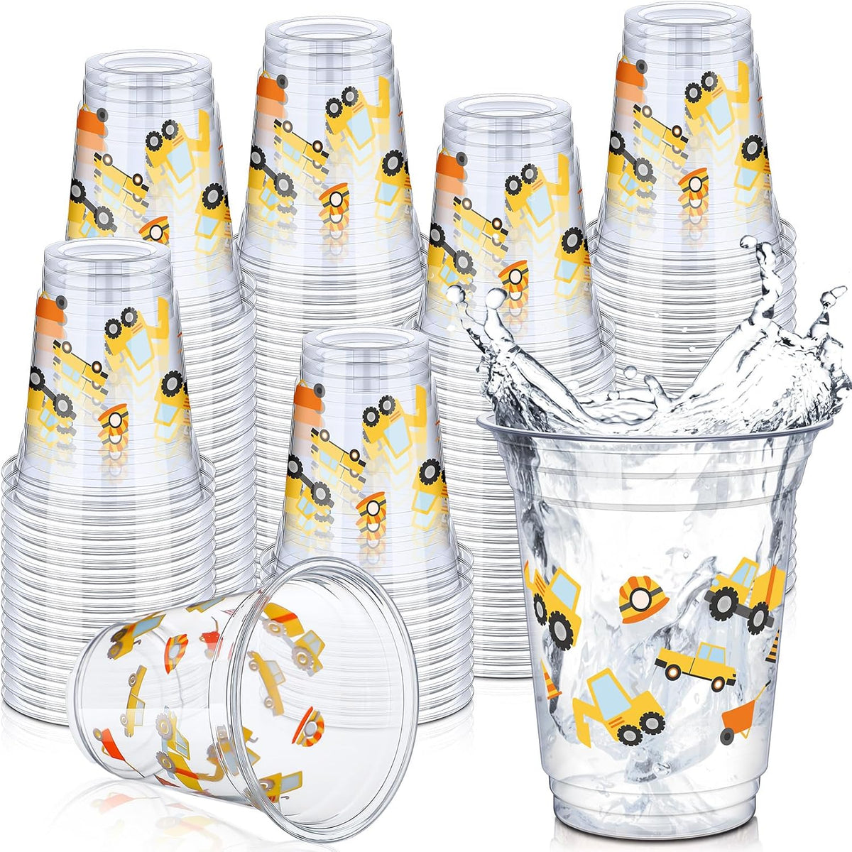 Uiifan construction party cups, 50 plastic 12 oz cups with excavator and crane prints