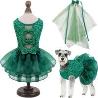ASENKU Dog Dress, Dog Wedding Dress with Bows, Veil Attachment - Green / X-Large