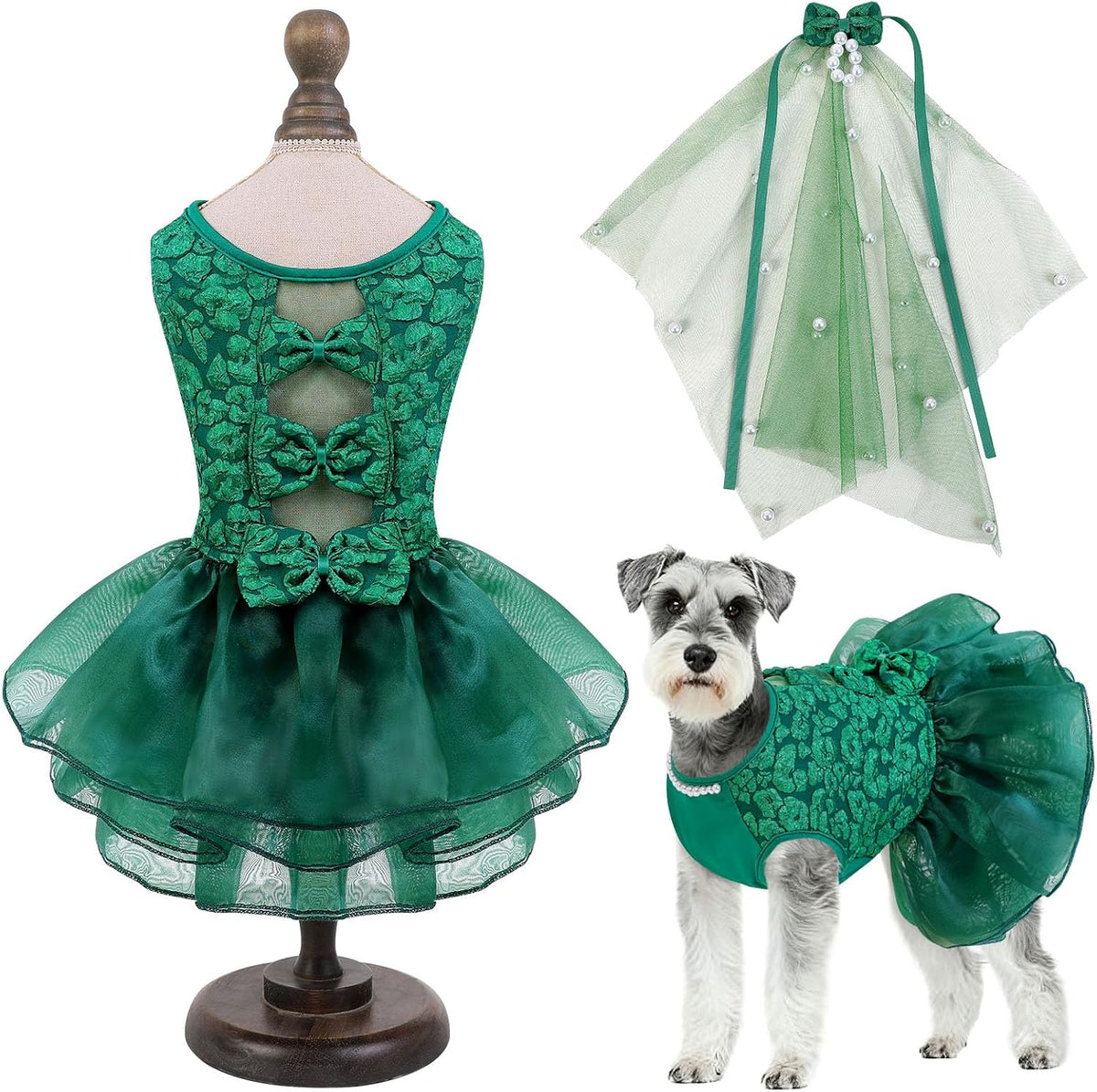 ASENKU Dog Dress, Dog Wedding Dress with Bows, Veil Attachment - Green / X-Large