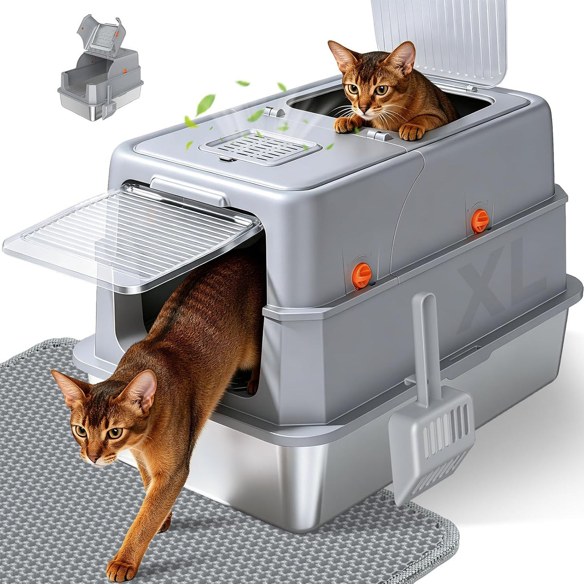 Enclosed Stainless Steel Litter Box - Grey XL