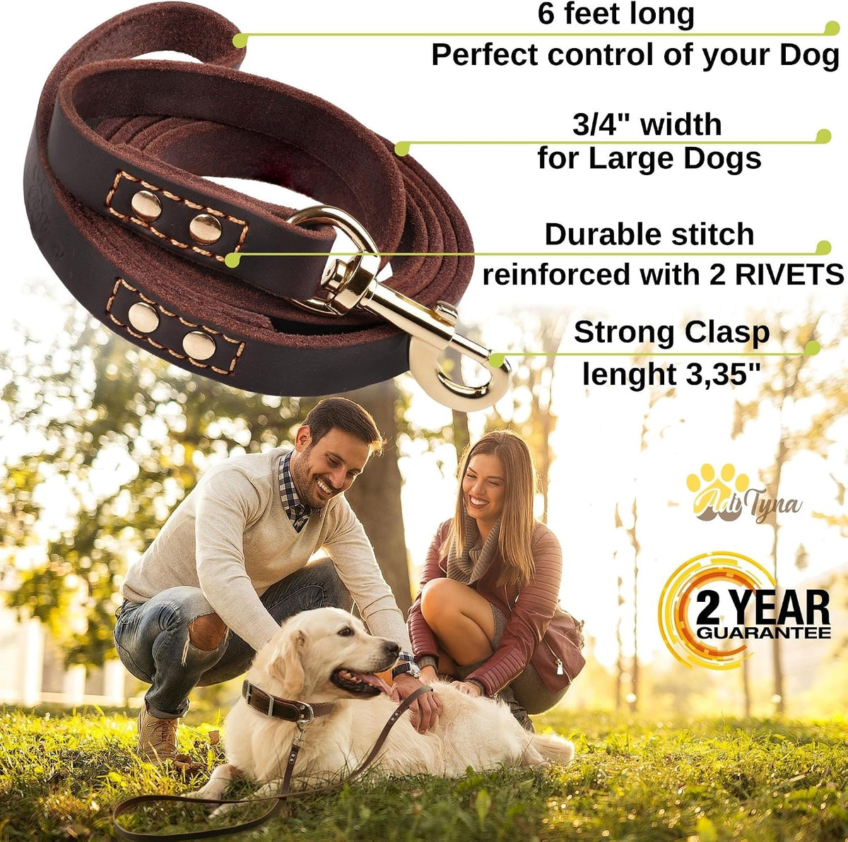 ADITYNA Leather Dog Leash for Large, and Small Dogs - L - 6 ft x 3/4 inch / Brown - Gold Colored Clasp - image 2
