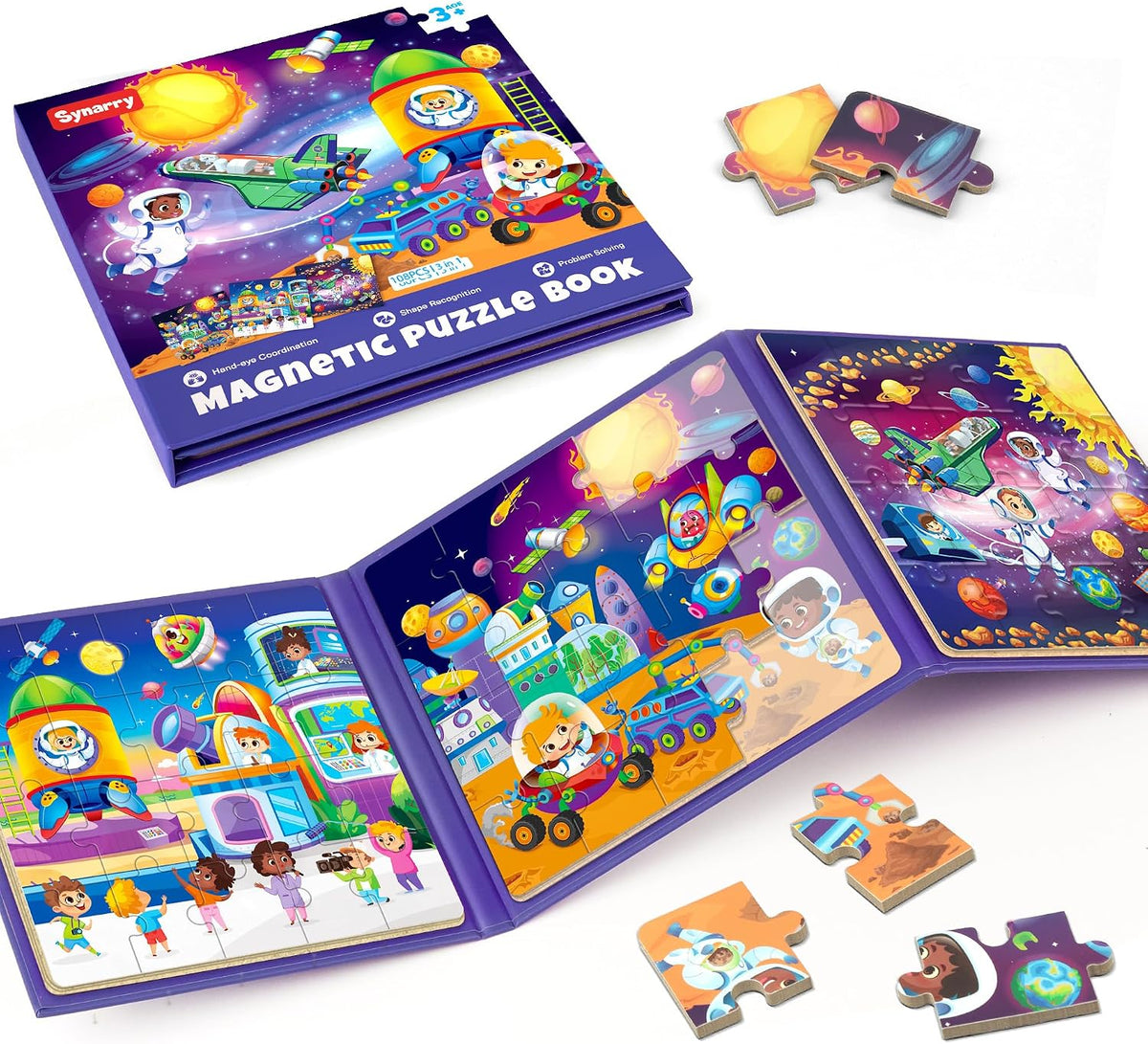 SYNARRY magnetic dinosaur puzzle book with three colorful dinosaur scenes - view 4