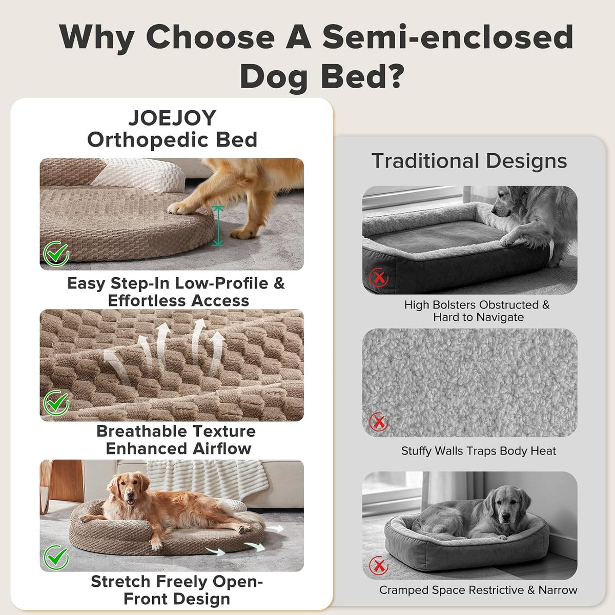 JOEJOY XL Orthopedic Dog Beds Large Sized Dog - Brown / L(36"x 27"x 6") - image 4