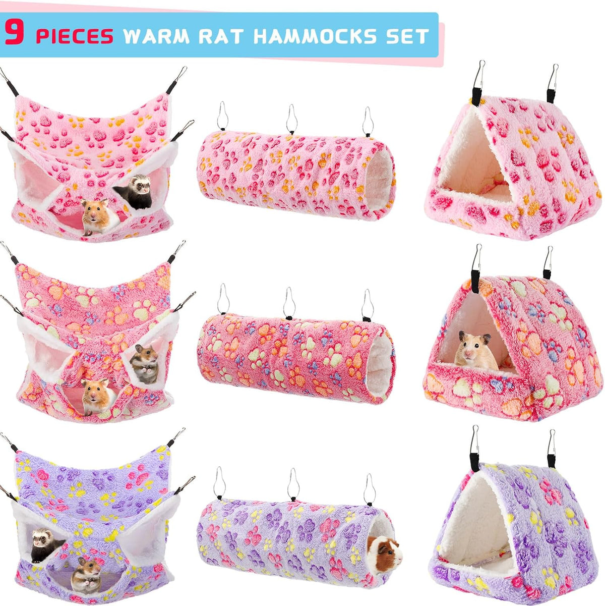 Abbylike 9 Pieces Rat Hammock 3 Tier Guinea Pig Ferret Hammocks Small - Purple, Pink, Rose Red / Paw - image 4