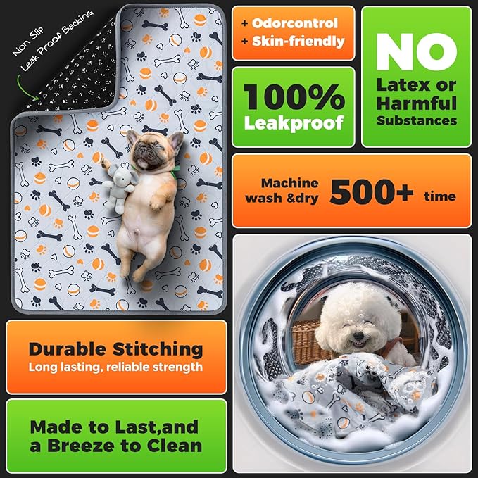 Hompet Washable Pee Pads for Dogs, 34"x21", 2-Pack Thick Heavy Absorbency Reusable Pee Pads Prevent Leakage Non-Slip, Pet Training Pads for Puppy Playpen, Crate, Potty, Floor, Bed, Sofa