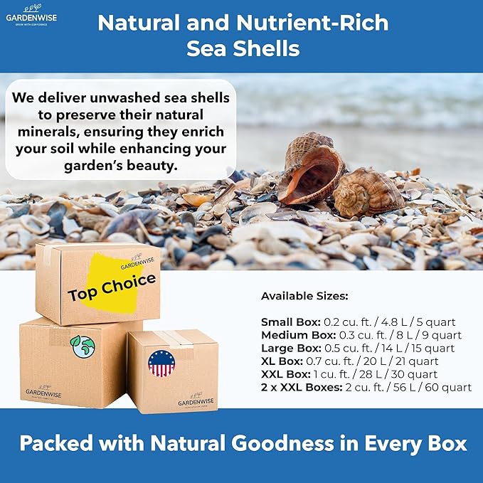 Natural Organic Sea Shell Mulch for Gardens and Landscaping – Decorative and Nutrient-Rich, 0.5–3-Inch Shells, Perfect for Indoor and Outdoor Use (2 CF - 56 L - 60 QTS)