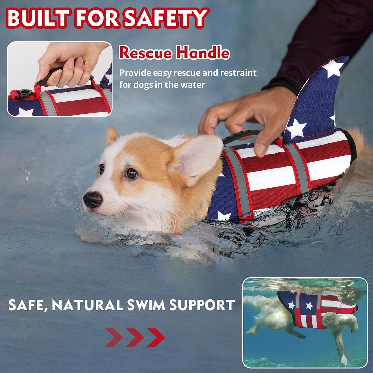 Dogcheer Dog Life Jacket, Cute Shark Dog Life Vest for Swimming Boating with Superior Buoyancy - USA flag / Large - image 3